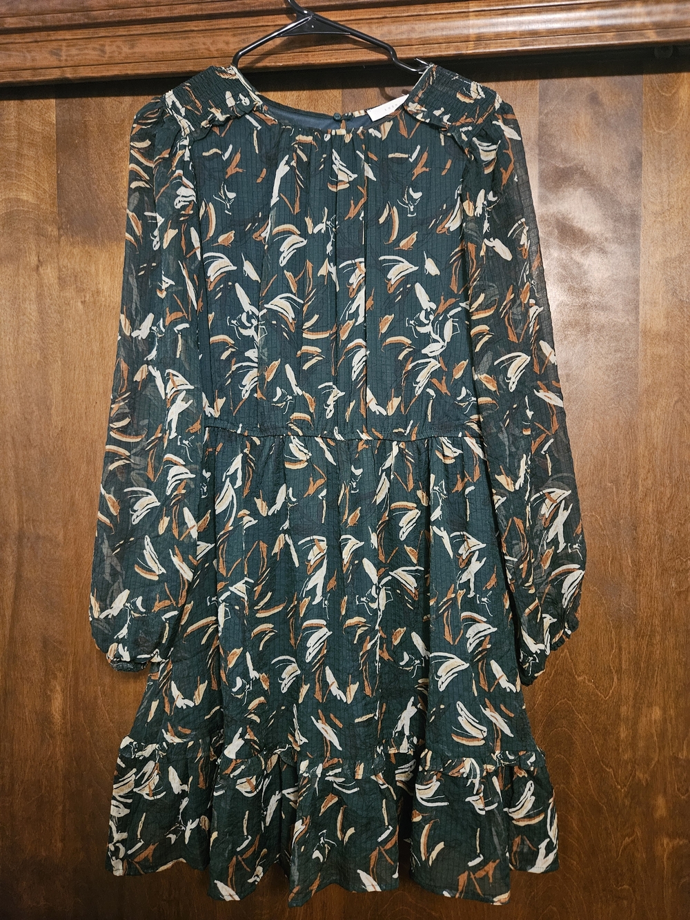 Dark Green Floral Long-Sleeve Midi Dress